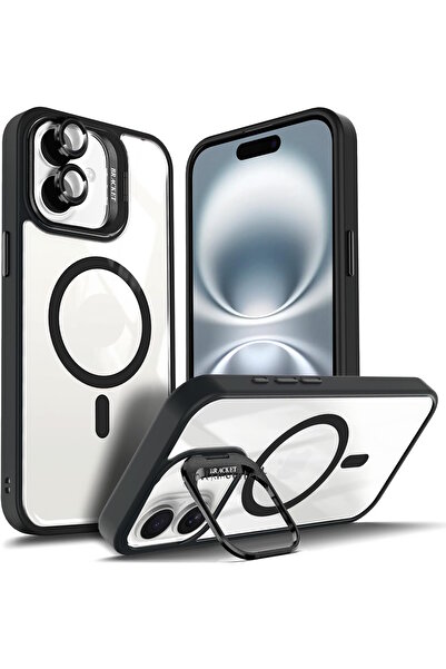 m.tk moveteck İphone 11 Kılıf Standlı Mika Magsafe Hassas Butonlu Metal Tuşlu Kapak + Kamera Lens Cam Hediyeli Set