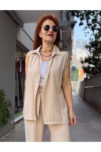 DenizEge Viscose Sleeveless Shirt Beige