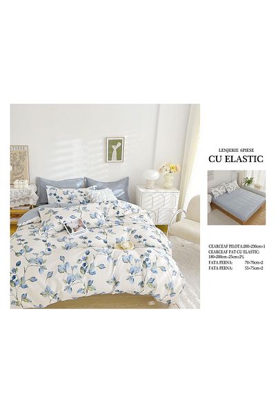 CHIRASO FINE Cotton Bedding Set, ELASTIC Sheet 180x200+25cm, Duvet Cover 200x230cm 4 Pillowcases
