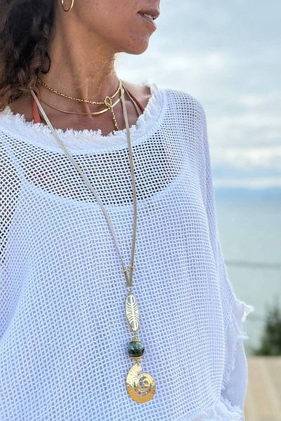 Güneşkızı Suede Drawstring Long Design Necklace with Metal Object