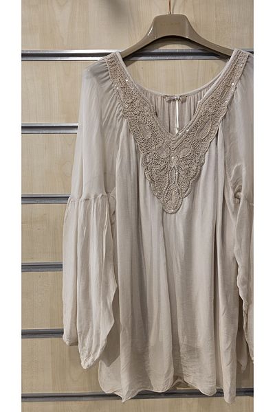 Park Moda Ιταλική μεταξωτή μπλούζα με δαντέλα με λεπτομέρεια παγιέτα
