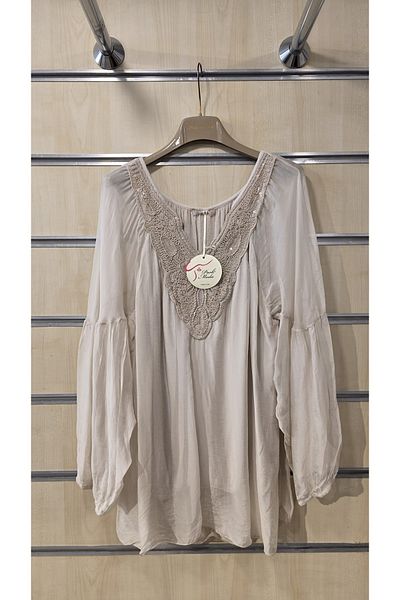 Park Moda Ιταλική μεταξωτή μπλούζα με δαντέλα με λεπτομέρεια παγιέτα