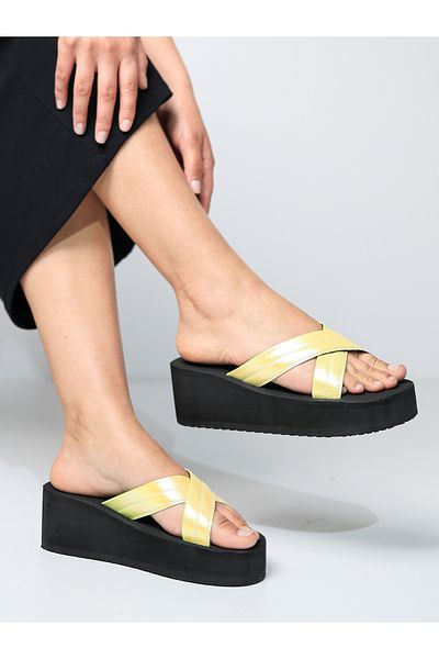 HANOX Emma Yellow High Platform Heel Women's Cross Beach Slippers (6.5) cm