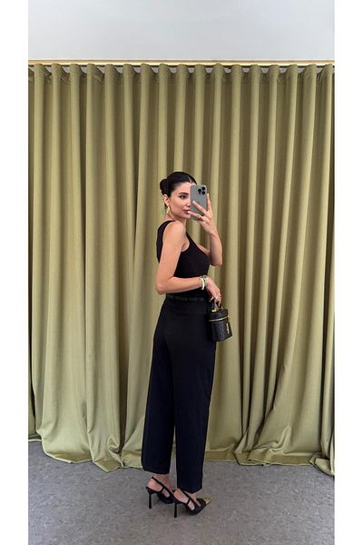HAZELANNA Straight Cut Black Fabric Trousers