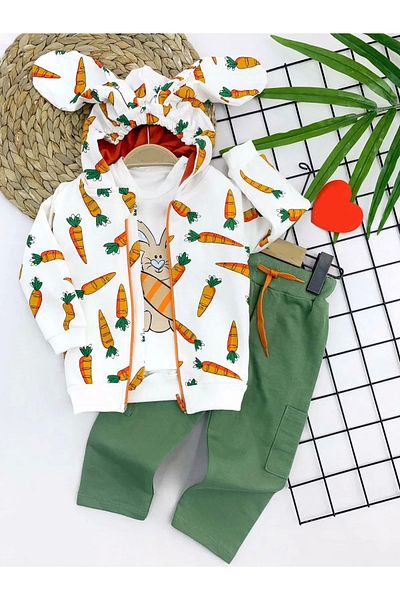Eng 9-12-18-24 Months Carrot Ear Hooded Zipper Closure 3-Piece Baby Boy Set Ecru