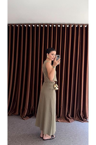 HAZELANNA Khaki Skirt-Vest Set