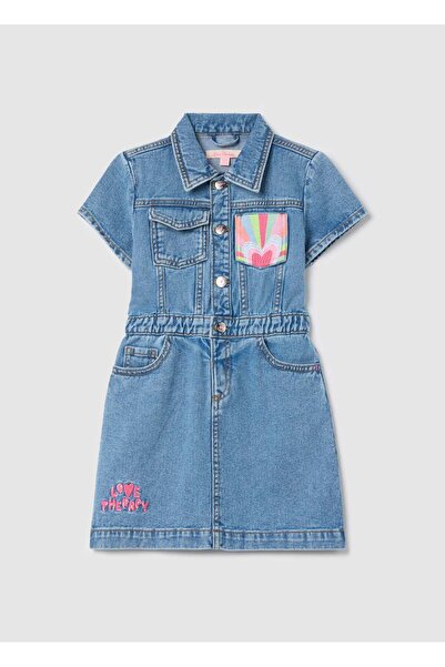 Ovs Short-Sleeved Dress In Denim With Embroidery