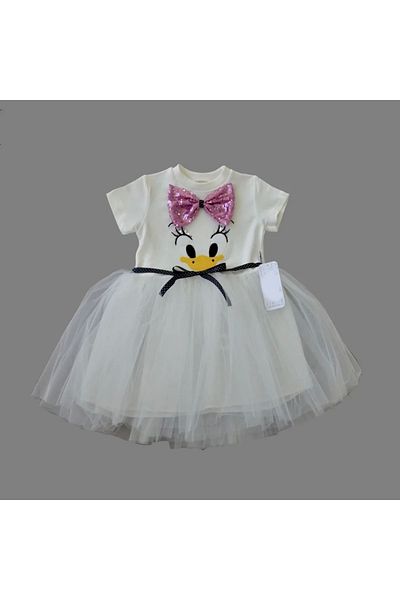 Kaplan 1-2-3 Years Old Sequin Bow Buckle Duck Embroidered Lined Baby Girl Tutu Dress White