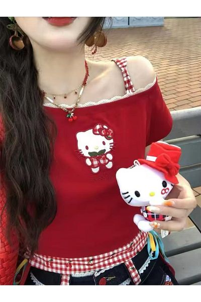 Karakedi Hello Kitty Plaid Embroidery Detail Short Sleeve Blouse with Additional Strap Underwear Body