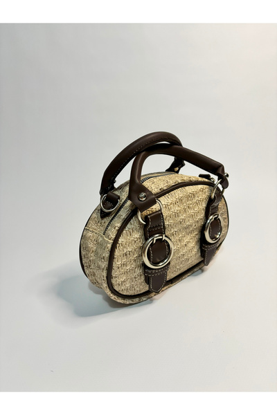 Beshora حقيبة إيزابيل كافيه الصغيرة للنساء بتفاصيل من القش للذراع والكتف