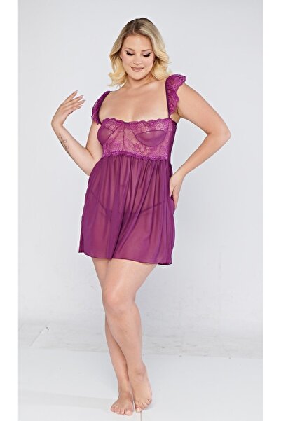 Qvien Secret Kadın Büyük Beden Gecelik Askılı Mor Tül Fantezi Gecelik