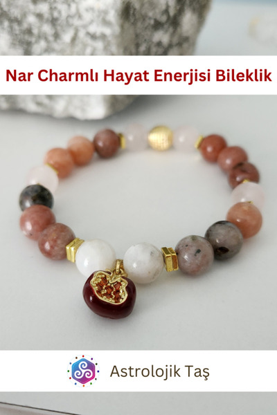 Astrolojik Doğal Taş Nar Charmlı Hayat Enerjisi Doğal Taş Bileklik - Jasper & Ay Taşı
