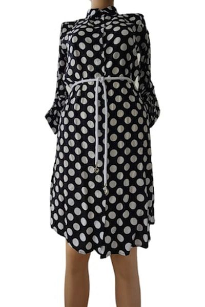OEM Black dress with white polka dots, buttons, belt at the waist, cotton material, size S