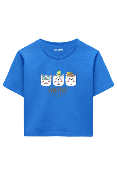 Colermi تيشيرت نسائي قصير باللون الأزرق - تصميم مطبوع عليه Meow Team Cat مصنو...
