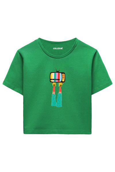 Colermi Green Women's Crop Tshirt - Retro Tv Printed Design 100% Cotton Fabric