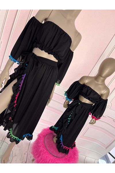 NA ADDESIGN Mother Daughter Black Beach Suit, Black Pareo Set (Should Be Added Separately to the Cart, the Prices Are Separate)