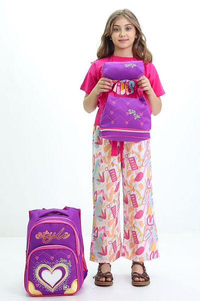 LUGMO 3-Piece Middle School Bag Set Primary School Bag Complete Lined Heart Purple
