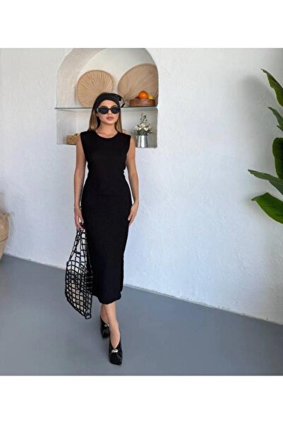 Bircan Butik Kadın Yırtmaç Detaylı Gofre Kumaş Midi Elbise