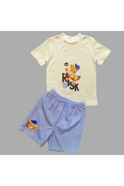 Skygo 1-2-3 Years Old Skateboard Bear Printed Short Sleeve T-shirt with Shorts 2-Piece Baby Boy Set Ecru