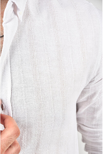 DeepSEA Ανδρικό λευκό πουκάμισο με λεπτή εφαρμογή 100% βαμβακερό λινό πουκάμισο με λεπτή εφαρμογή με υφή λινό πουκάμισο 2501301