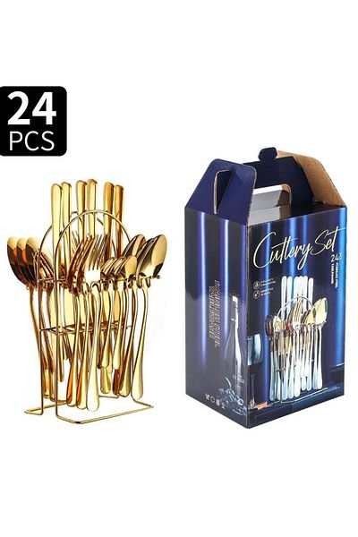 huitich 24-Piece Stainless Steel Cutlery Set with Stand Gold Finish