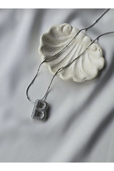 TMD AKSESUAR قلادة من الفولاذ على شكل حرف B من حجر الزركون