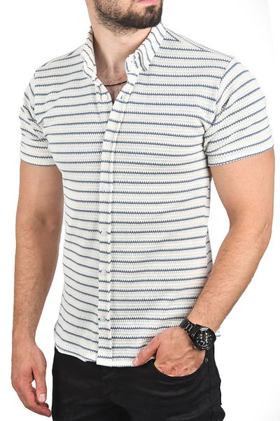 DeepSEA Men's White-Blue Slim Fit Knitted Fabric Shirt Lycra Slim Fit Short Sleeve Knitted Knitwear Shirt 2501208