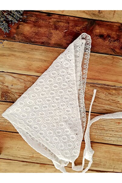 Mufincollection Handmade Fisto Cotton Fabric - Lace Detail - Lace Bandana - White Triangle Style