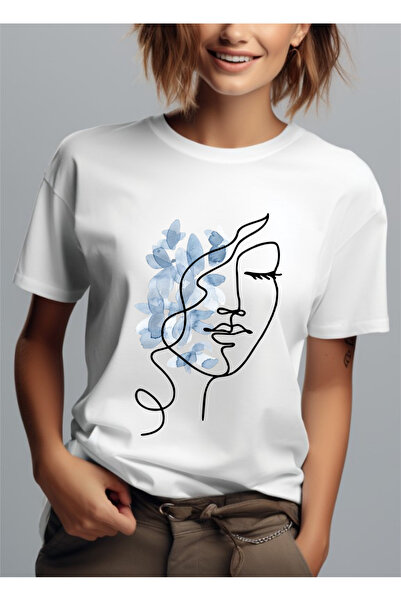 Bloom Atelier Tricou Dama Minimalist, Face Line Art Butterflies, Culoare Alb,...