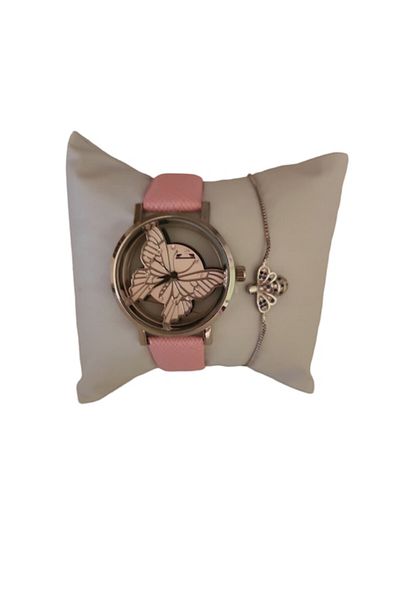 OEM Women's watch, analog display, quartz mechanism, pink -leather strap, buckle closure, butterfly d