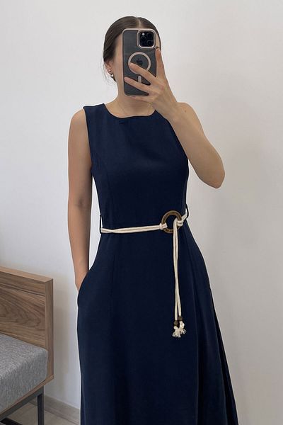 Nazline Women's Belt Detailed Square Neck Pocket Linen Dress