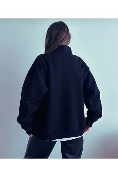 DEZZİİ Unisex Navy Blue Stand Collar Zippered Pullover Sweatshirt