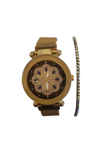 OEM Casual women's watch set with bracelet included, quartz movement, analog display, gold strap, incl.