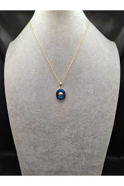 Han Ticarethane Gold Color Navy Blue Enamel Seashell Model Necklace