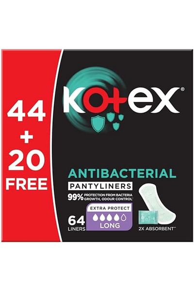 Kotex Antibacterial Panty Liners, 99% Protection from Bacteria Growth, Long Size, 64 Daily Panty Lin