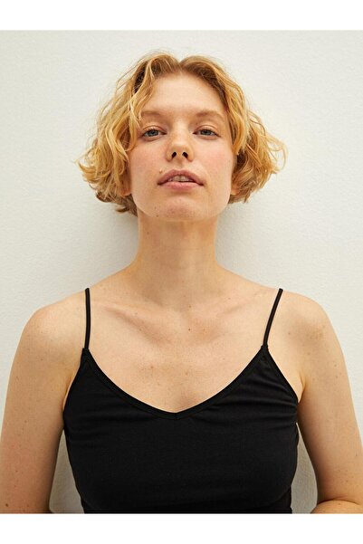 LC Waikiki V-Neck Rope Strap Plain Crop Rib Fabric Women's Tank Top (W1)