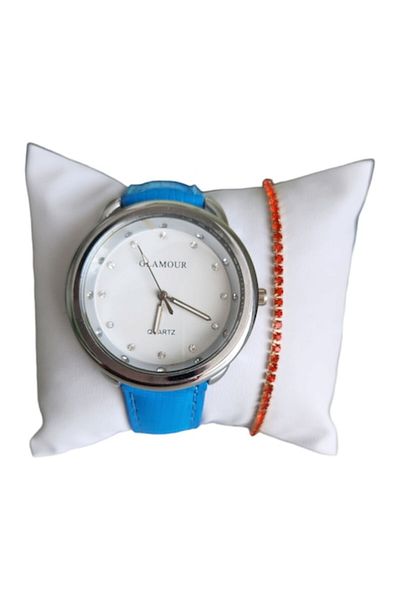 Glamour Set casual watch for women with included bracelet, quartz mechanism, analog display, blue strap, buc