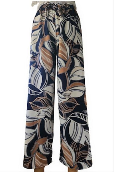 OEM Long cotton pants, multicolor, navy-white-brown shades, elastic waist, size L