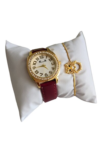 OEM Women's Watch, Analog Display, Quartz Mechanism, Burgundy -Leather Strap