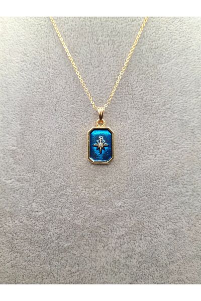 Han Ticarethane Gold Color Navy Blue Enamel North Star Model Necklace