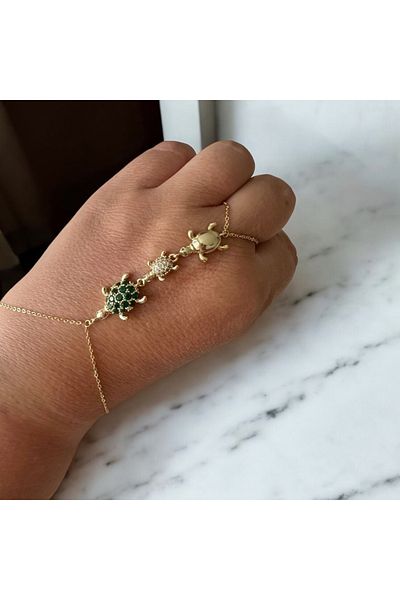 ALS Tasarım Dünyası Women's Gold Color Zircon Stone Three Row Turtle Shahmeran
