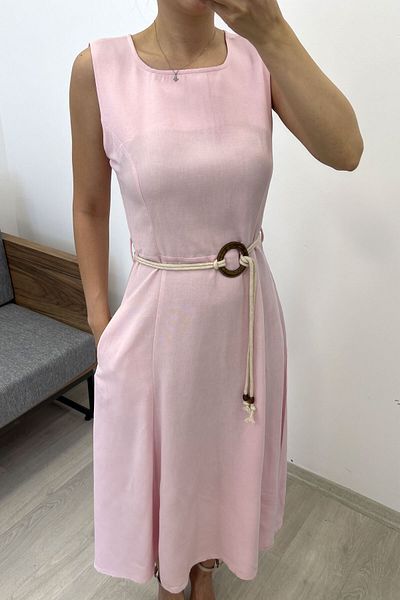 Nazline Women's Belt Detailed Square Neck Pocket Linen Dress