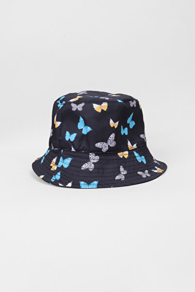 Kapin Kelebek Desenli Bucket Kova Kumaş Şapka - Siyah