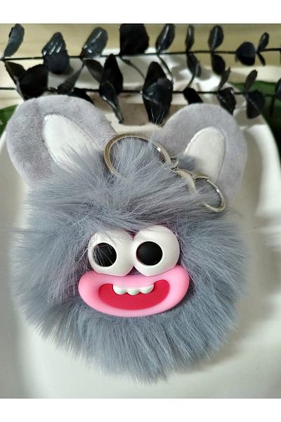 mos&more Gray Rabbit Pompom Bag Ornament Accessory Keychain, Car Ornament, Bag Charm