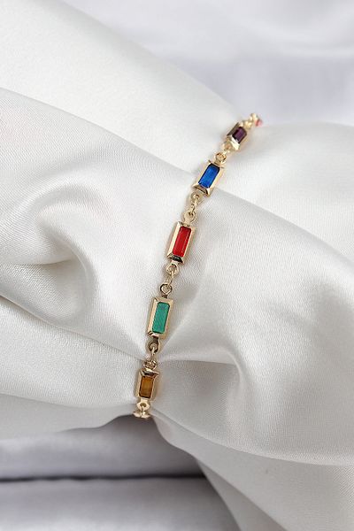 Clariss Brass Gold Color Mixed Color Square Zircon Stone Women's Bracelet
