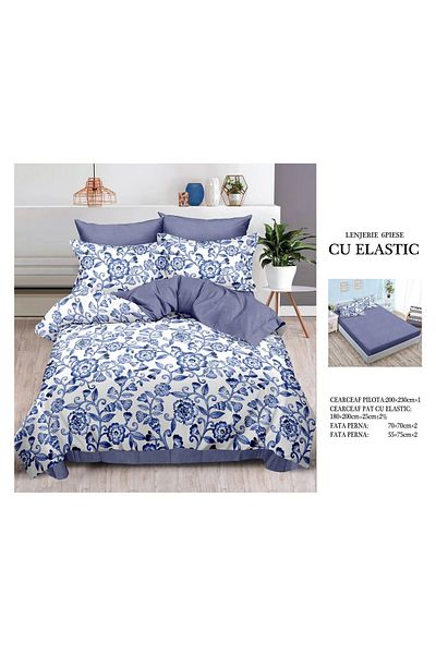 CHIRASO FINE Cotton Bedding Set, ELASTIC Sheet 180x200+25cm, Duvet Cover 200x230cm 4 Pillowcases