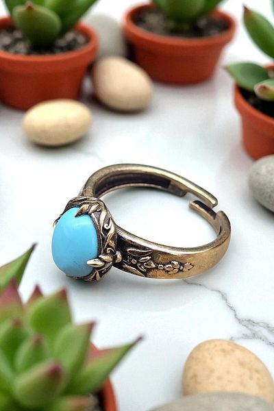 NBS Beautiful Naturel Stones Pure Copper Ring Adjustable Turquoise Stone (Evil Eye Protection) (Gift, Daily, Special Occasions)