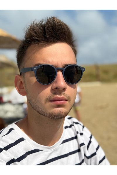 Ferrucci Brand Model Men's Sunglasses with Black Glass with Navy Blue Matte Round Frame