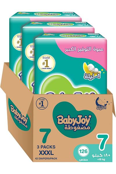 BabyJoy Compressed Diamond Pad Diaper, Size 7, Junior 3XL, 18+ Kg, Giant Box, 126 Diapers