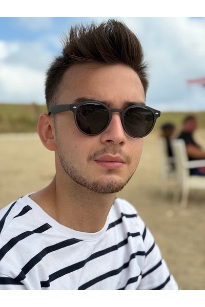 Ferrucci Brand Model Men's Sunglasses with Transparent Black Matte Round Frame and Black Glass